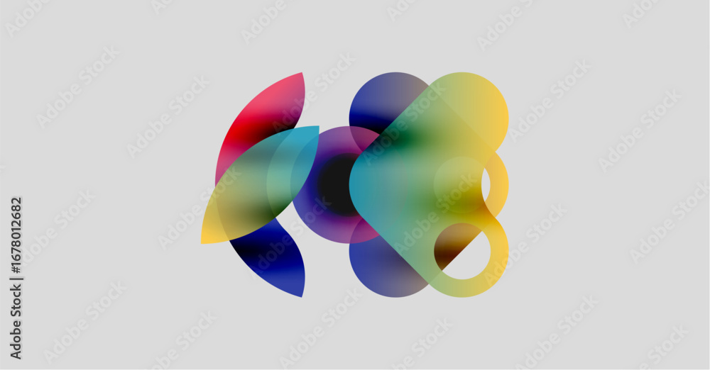 Poster abstract colorful shapes overlap, creating vibrant visual effect. soft gradients blend hues, forming