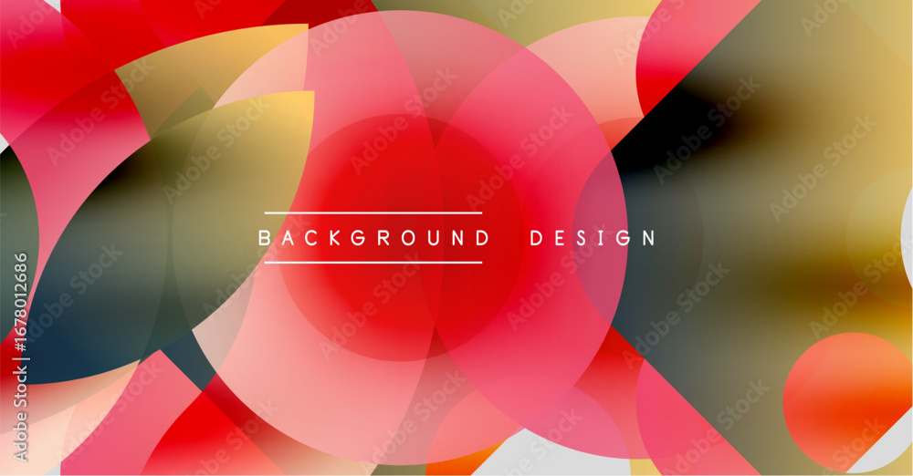 Poster abstract colorful shapes overlap creating dynamic visual effect. red, yellow, pink hues dominate com