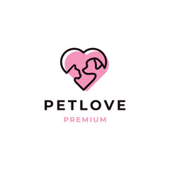 Minimalist pet care logo showing a pink heart with dog and cat silhouette.