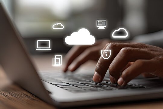 Hands Typing on Laptop with Cloud Icons Overlay
