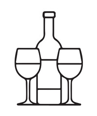 Vector illustration showing an elegant minimalist bottle of wine, entirely black and white with a strong black outline, simple, refined, artistic.