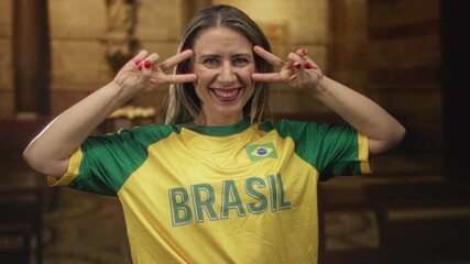 Woman wearing brazil jersey holds two finger peace sign near smiling face inside brightly lit church building; joy. - Powered by Adobe