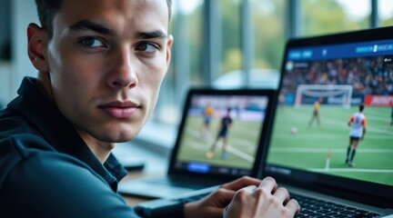 teen leadership sports concept. Focused young man watching sports on multiple laptops.