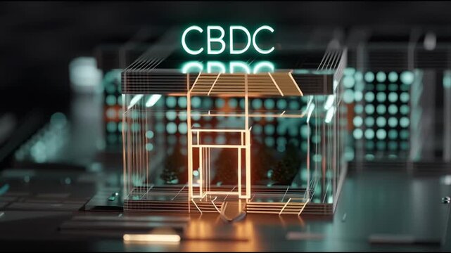 CBDC. Central Bank Digital Currency. Monetary policy. Financial system. A futuristic representation of a CBDC banking facility.