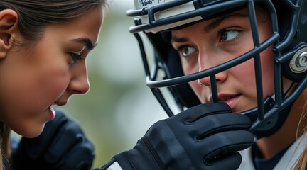 teen leadership sports concept. Intense moment between two female football players before a game.
