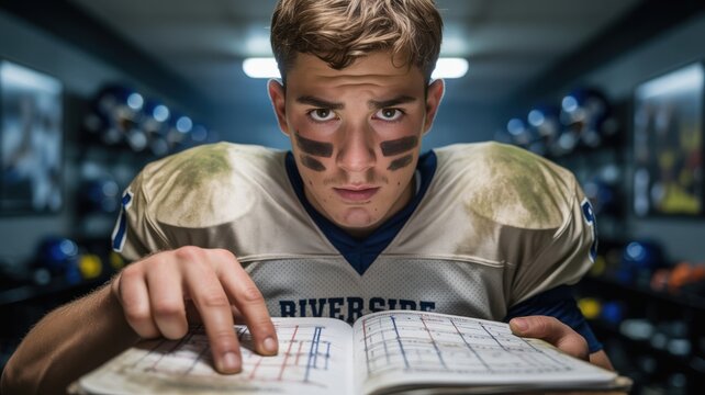 teen leadership sports concept. Focused football player studying a playbook in a locker room setting. - Powered by Adobe