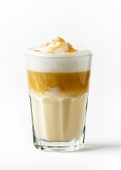 Glass of layered latte, frothy top