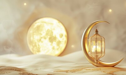 Golden lantern, crescent moon, and a large yellow moon, desert scene
