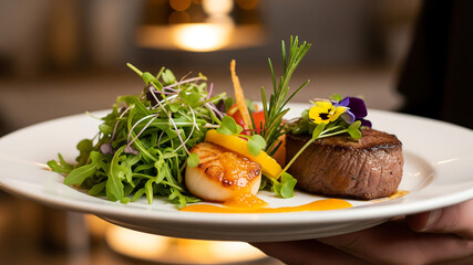 Gourmet beef steak and seared scallop with fresh greens and garnish