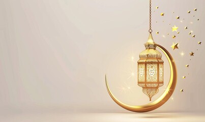 Golden lantern hangs from crescent moon