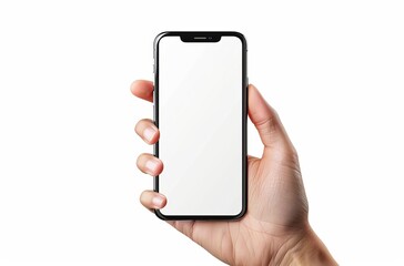 Hand holding a smartphone with blank screen, isolated