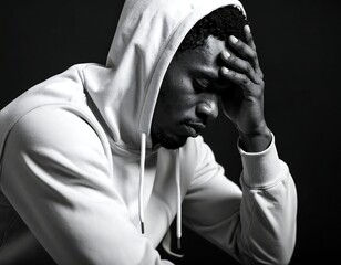 Man in hoodie, head in hands