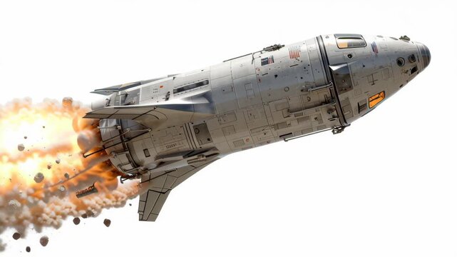 Spacecraft rocket launch with fiery exhaust smoke and fire in dynamic suborbital flight, showcasing detailed metallic aerodynamic design and dramatic ascent scene with debris and cockpit window