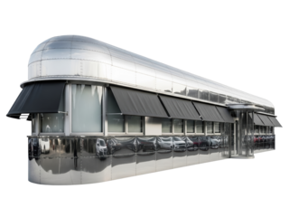 Classic retro-style diner with a shiny stainless steel exterior on a transparent background