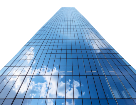 Modern Glass Skyscraper with Reflections, Contemporary Architecture Design, isolated on transparent background PNG