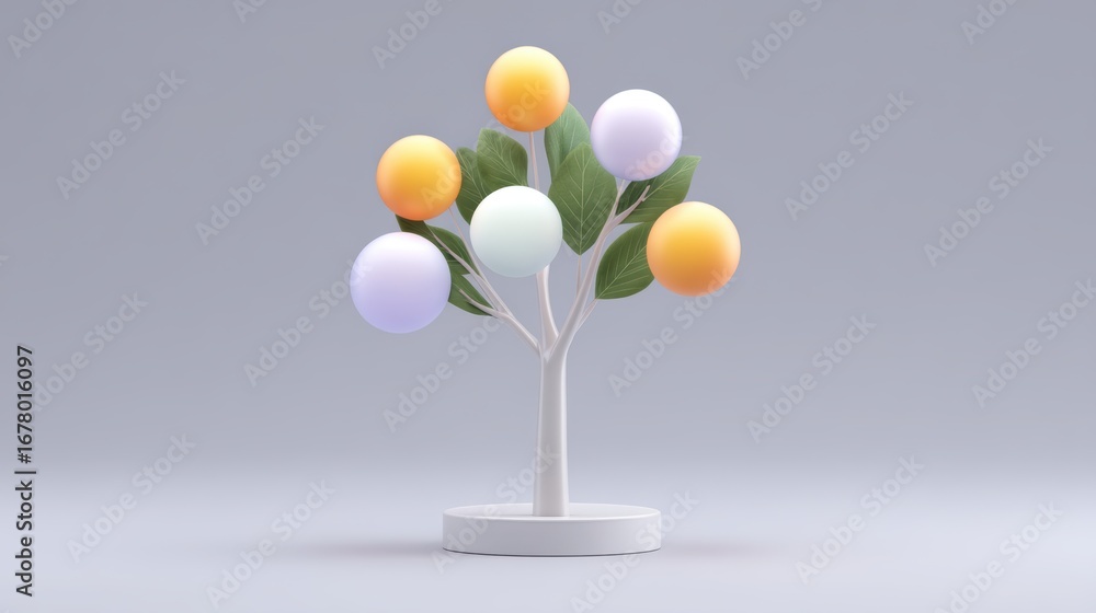 Poster decorative artificial tree with colorful round lights on white background