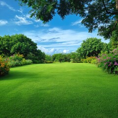 Obraz premium Lush green lawn, colorful flowers, bright sky