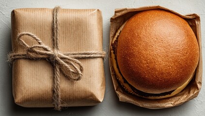 Wrapped gift and burger on a light surface