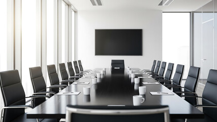 Modern empty conference room with large table and chairs