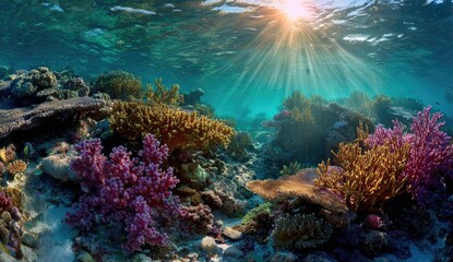 Obraz premium Vibrant Underwater Coral Reef Ecosystem Illuminated by Sunbeams.