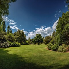 Lush green lawn, trees, bright sky