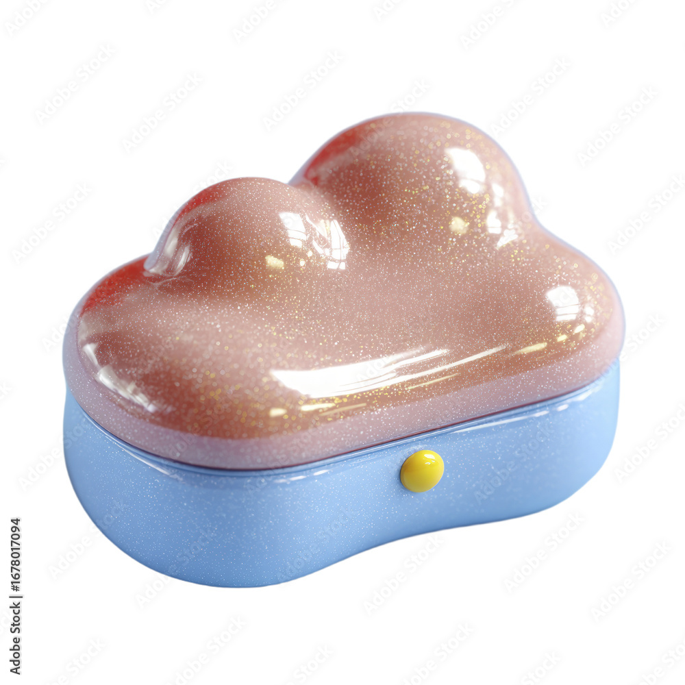 Aufkleber a sparkling pink cloud shaped object rests on a blue base with a yellow button