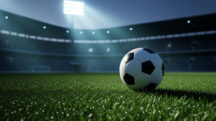 Soccer ball on a vibrant green field in a stadium at night