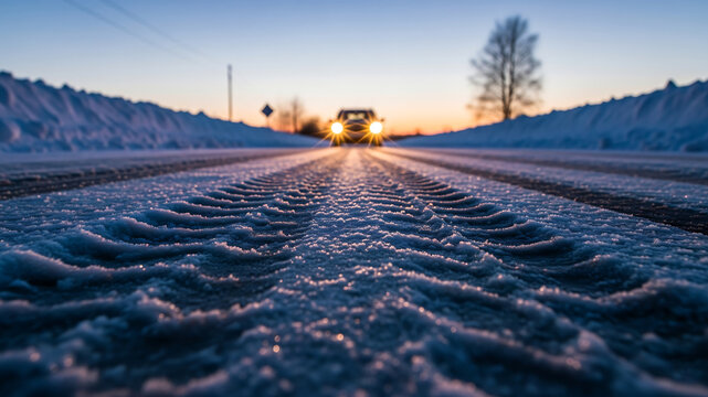 Tire tracks in snow on a road leading to a distant vehicle at sunset