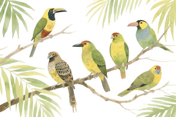 Watercolor illustration of tropical birds, hand-drawn with detailed feathers and texture