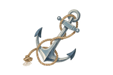 Hand-drawn watercolor anchor and rope with nautical elements, vintage soft texture