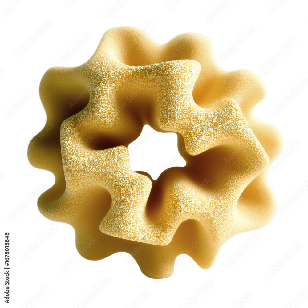Poster textured yellow abstract geometric shape with interwoven layers and a central void