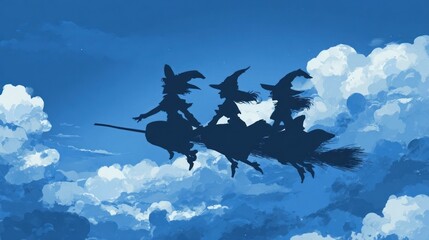 A lone horse, a girl on a snowboard, and a girl in the snow are silhouetted against a blue sky with flying aircraft and birds