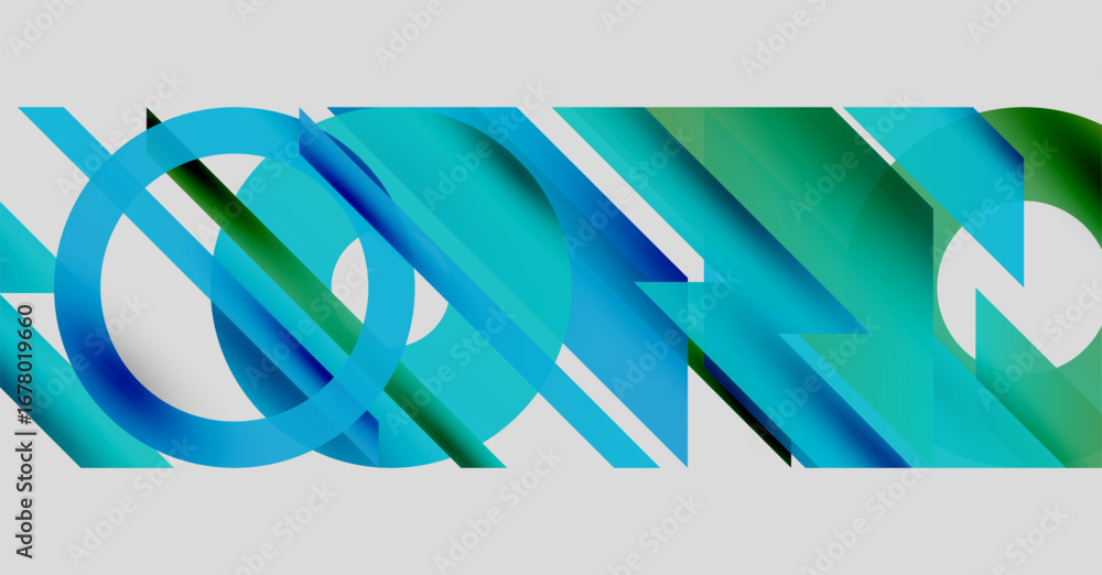 Poster abstract composition. overlapping shapes create dynamic visual effect. blue, green hues dominate des