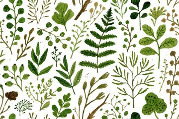 Watercolor texture seamless pattern of wild forest plants, hand-drawn botanical style