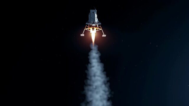 Lunar lander spacecraft ascending and descending moon surface with rocket flame smoke plume and fiery thrusters dark space sky showcasing space exploration technology and lunar mission excitement