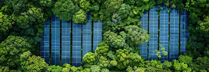 Solar panels nestled within a lush green forest canopy
