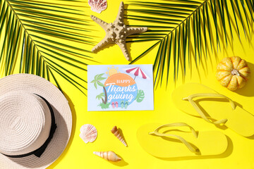 Card for Thanksgiving Day with hat, flip-flops, pumpkin and palm leaves on yellow background