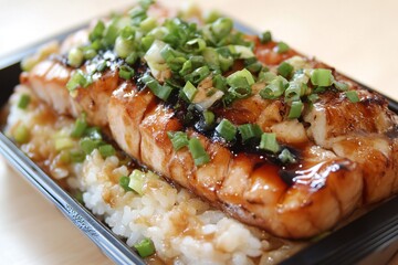 Teriyaki salmon over rice in a plastic container