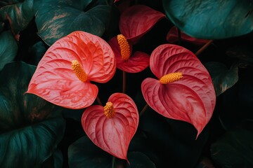 Vibrant coral-colored Anthurium flowers amidst dark green foliage