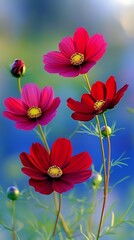 Vibrant cosmos flowers in shades of red and pink, soft bokeh background