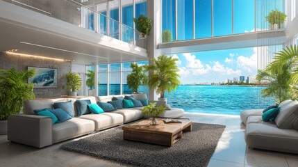 Fototapeta premium Luxury Villa Living Room, Ocean View, Modern Interior Design