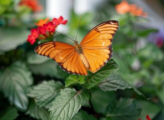 Vibrant orange butterfly perched on leafy plant with small red flowers
