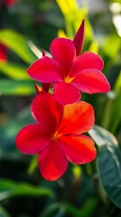 Vibrant red plumeria flowers in a lush garden setting