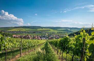 Vineyard rows leading to a village nestled in a valley under a vibrant blue sky