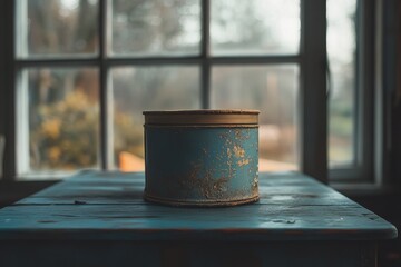 Vintage blue tin can on rustic table by window