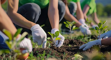 Volunteers plant trees in a field
