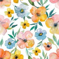 Watercolor floral pattern with pastel flowers and leaves on a white background