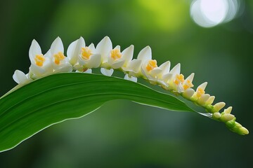 White orchid flowers cascade down a large leaf