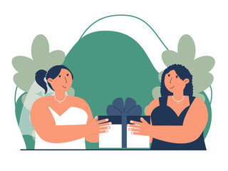 A woman gives a gift to the bride. Wedding illustration. Flat vector illustration.