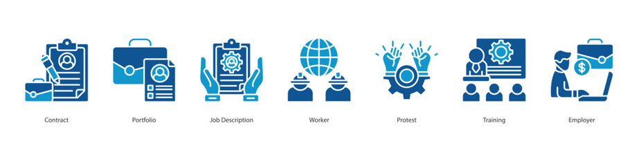 Labor Management banner web icon set vector illustration concept with icon of contract, portfolio, job description, worker, protest, training, employer